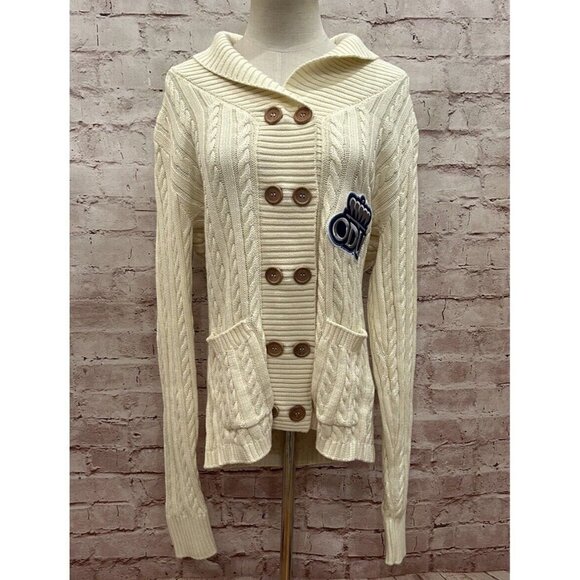 Cardigan Sweater Womens Large ODU Old Dominion University Ivory Cable Knit NEW - Picture 1 of 7
